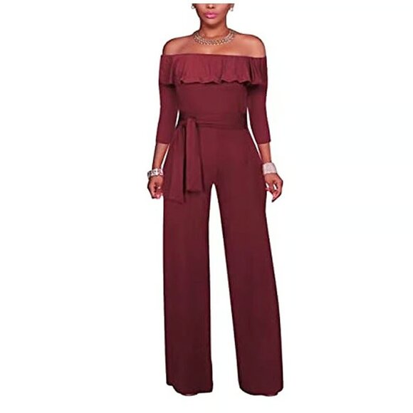 Pants - Women's Ruffled Overlay Off Shoulder Wide Leg Long Sleeves Jumpsuit with Belt L